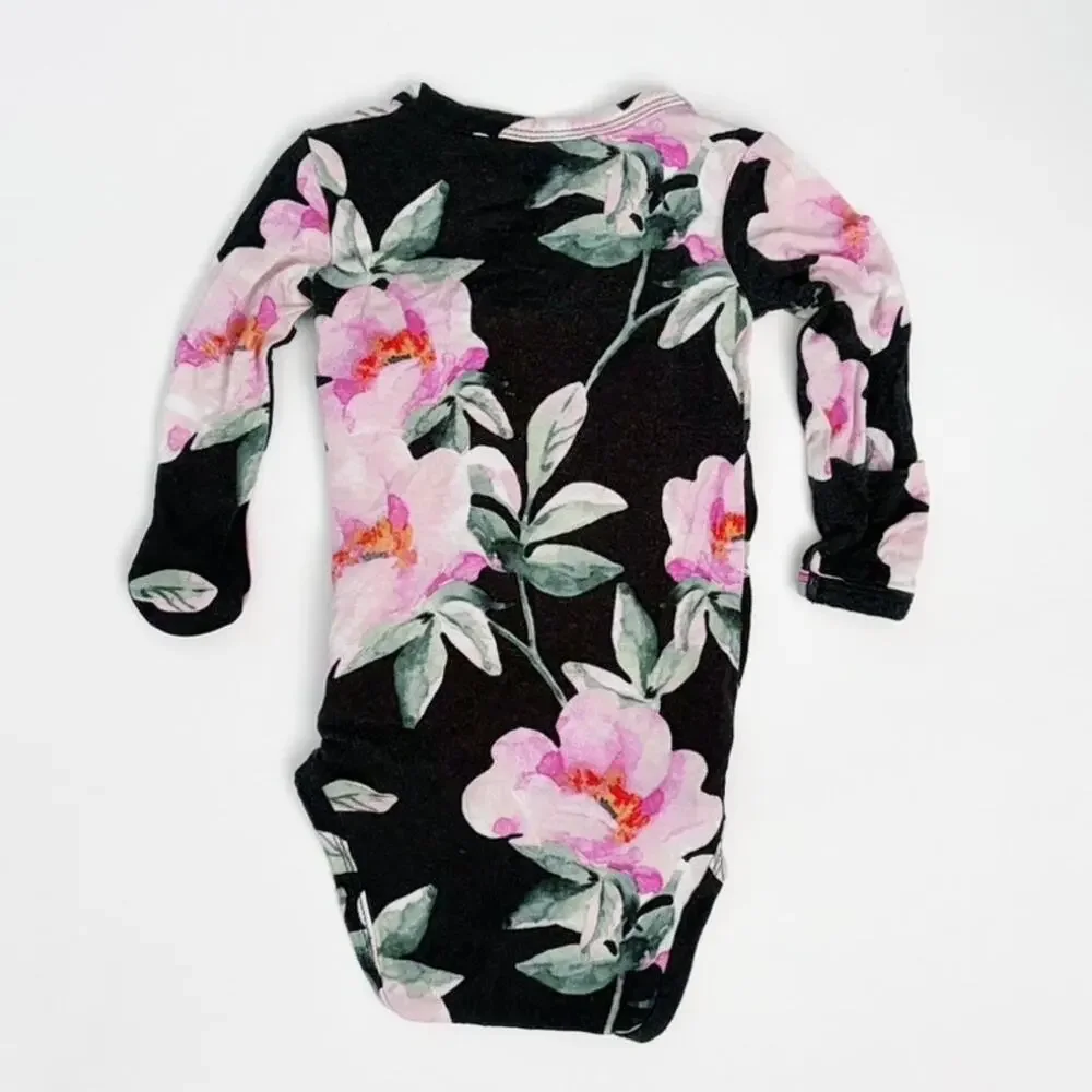 Posh Peanut 0-3m Long Sleeve Kimono Tenni Bodysuit Black Floral
